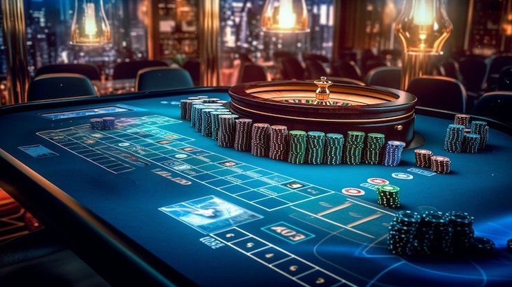 Meja Casino Hold'em dealer langsung di studio spinwin77 dengan tampilan HD berkualitas tinggi